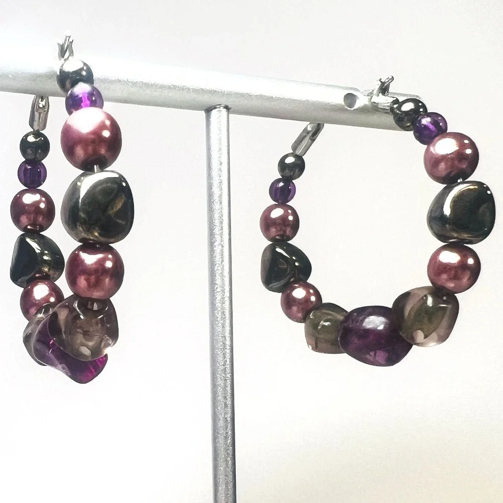Artisan Beaded Hoop Earrings Latch Back‎ Pierced Multi Colored Silver Tone